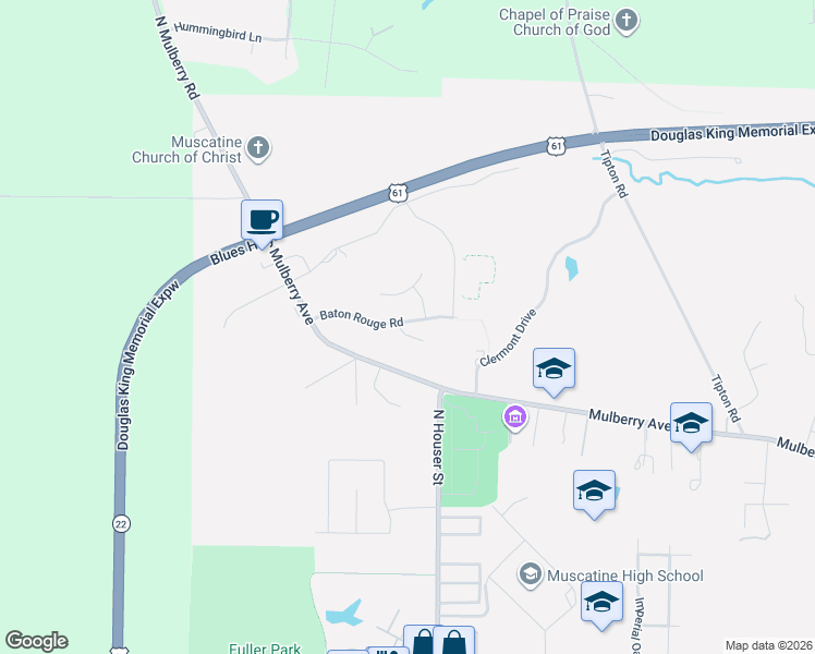 map of restaurants, bars, coffee shops, grocery stores, and more near 3307 Mackinac Court in Muscatine