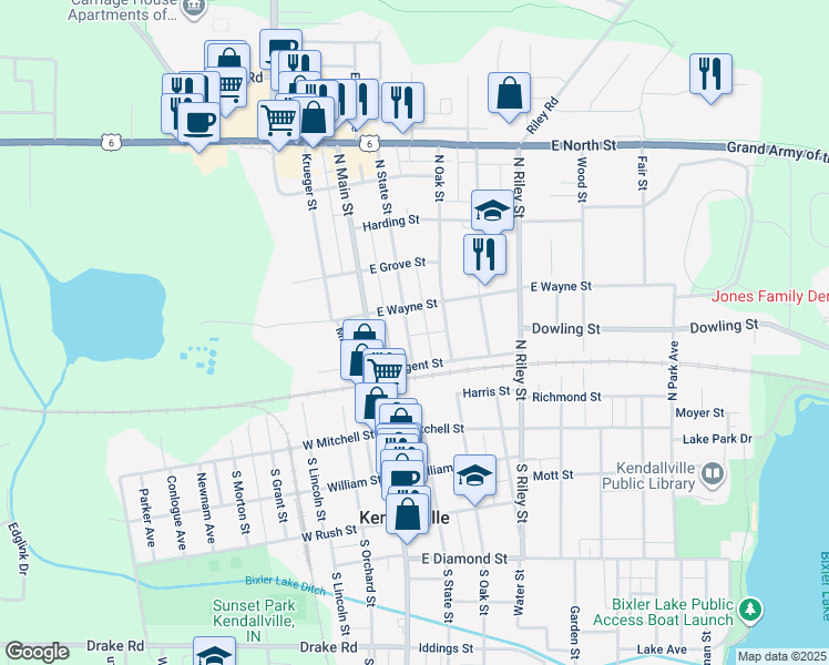 map of restaurants, bars, coffee shops, grocery stores, and more near 316 North State Street in Kendallville