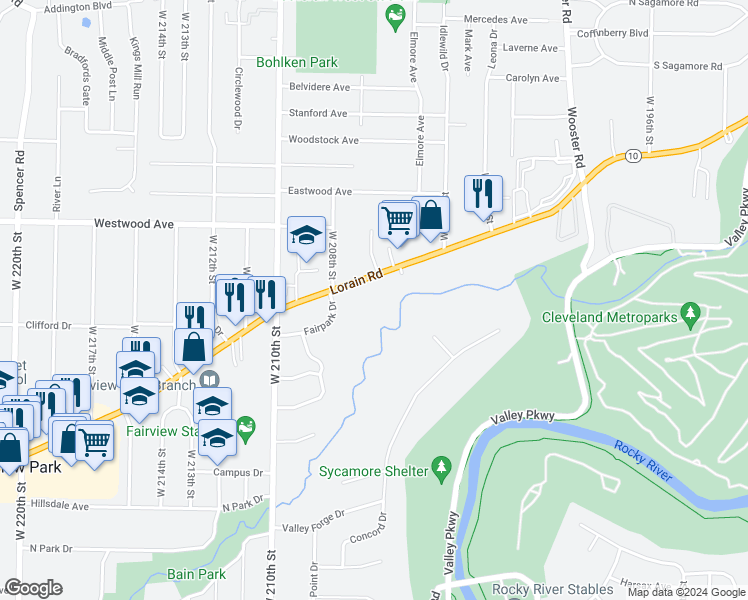 map of restaurants, bars, coffee shops, grocery stores, and more near 20665 Lorain Road in Fairview Park