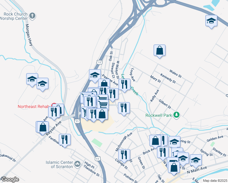 map of restaurants, bars, coffee shops, grocery stores, and more near 910 Oak Street in Scranton