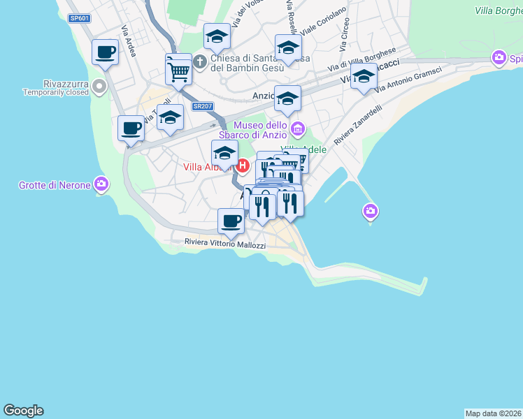 map of restaurants, bars, coffee shops, grocery stores, and more near 21 Via 20 Settembre in Anzio