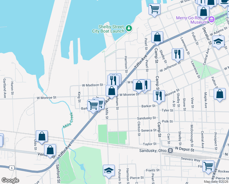 map of restaurants, bars, coffee shops, grocery stores, and more near 649 Tiffin Avenue in Sandusky
