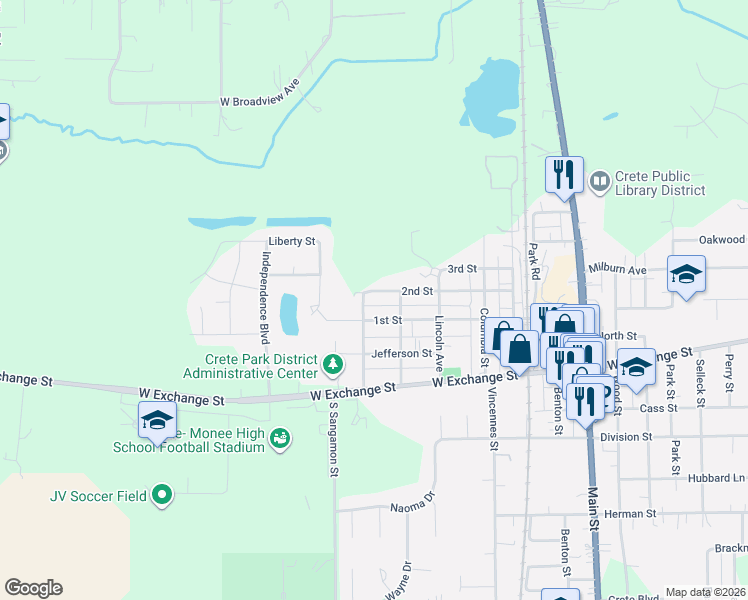 map of restaurants, bars, coffee shops, grocery stores, and more near 688 2nd Street in Crete