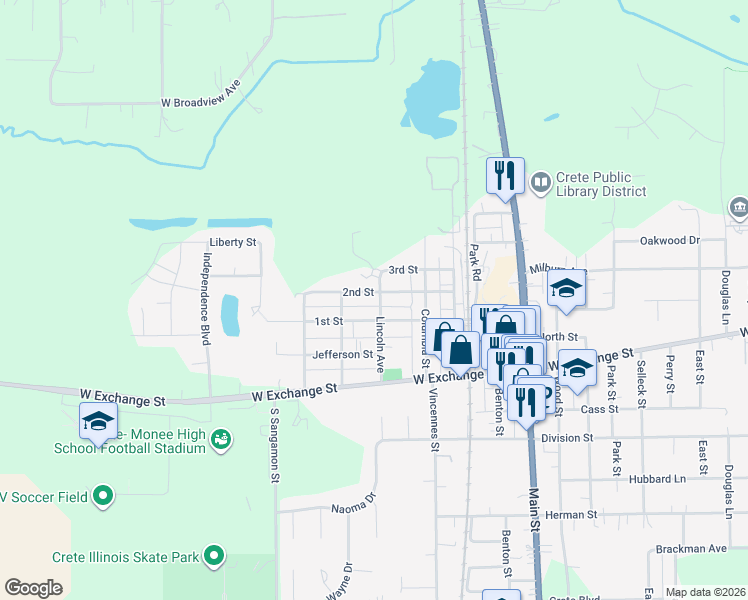 map of restaurants, bars, coffee shops, grocery stores, and more near 621 1st Street in Crete