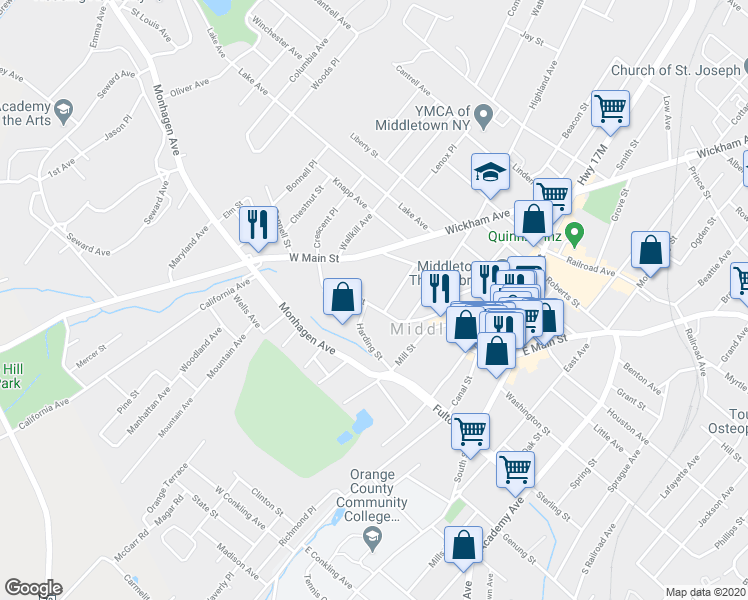 map of restaurants, bars, coffee shops, grocery stores, and more near 42 Hanford Street in Middletown