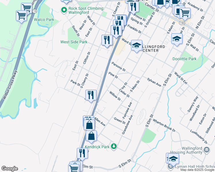 map of restaurants, bars, coffee shops, grocery stores, and more near 341 South Orchard Street in Wallingford