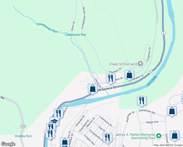 map of restaurants, bars, coffee shops, grocery stores, and more near 31 Union Street in Oil City