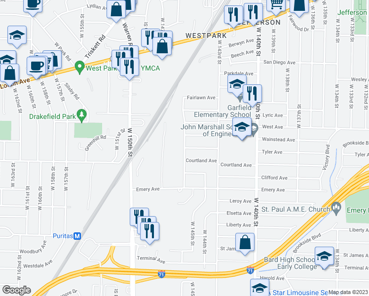 map of restaurants, bars, coffee shops, grocery stores, and more near Ledgewood Avenue in Cleveland