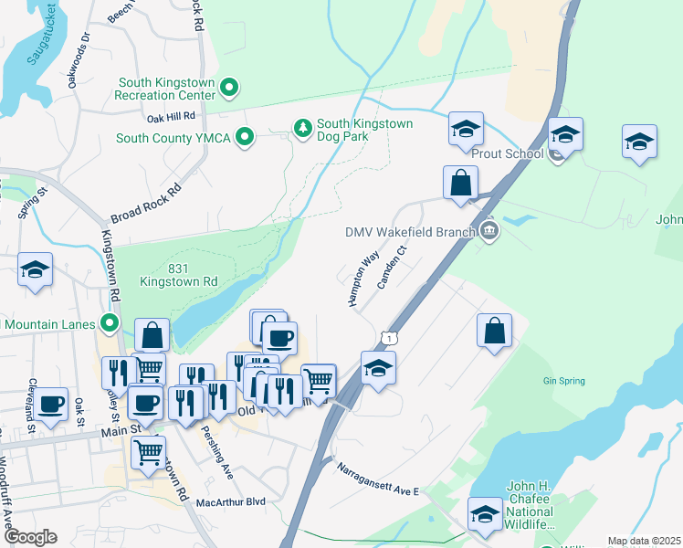 map of restaurants, bars, coffee shops, grocery stores, and more near 22 Mystic Drive in South Kingstown
