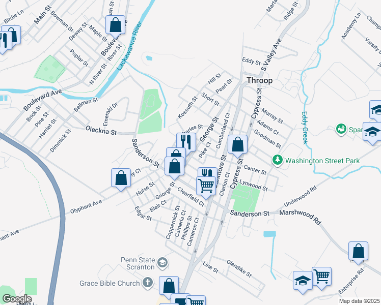 map of restaurants, bars, coffee shops, grocery stores, and more near 407 George Street in Throop