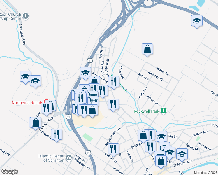 map of restaurants, bars, coffee shops, grocery stores, and more near 910 Oak Street in Scranton