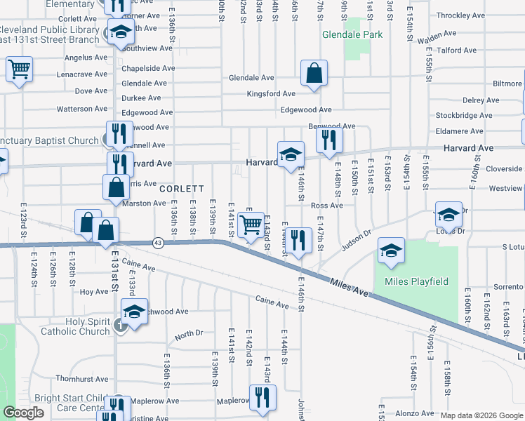 map of restaurants, bars, coffee shops, grocery stores, and more near 4142 East 143rd Street in Cleveland