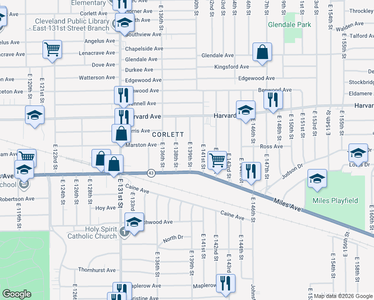 map of restaurants, bars, coffee shops, grocery stores, and more near 4141 East 139th Street in Cleveland