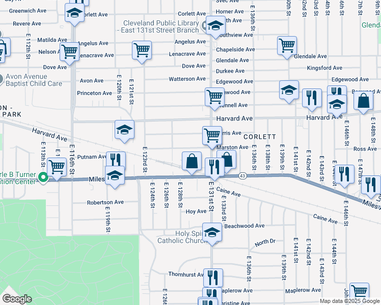 map of restaurants, bars, coffee shops, grocery stores, and more near 4158 East 131st Street in Cleveland