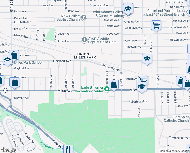 map of restaurants, bars, coffee shops, grocery stores, and more near 4137 East 111th Street in Cleveland