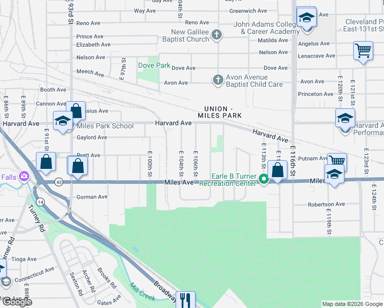 map of restaurants, bars, coffee shops, grocery stores, and more near 4133 East 104th Street in Cleveland
