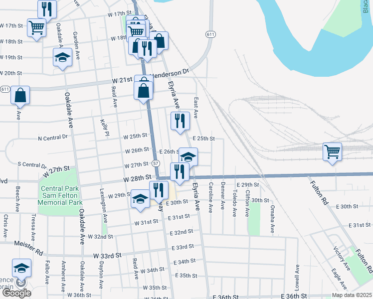 map of restaurants, bars, coffee shops, grocery stores, and more near 2602 Elyria Avenue in Lorain