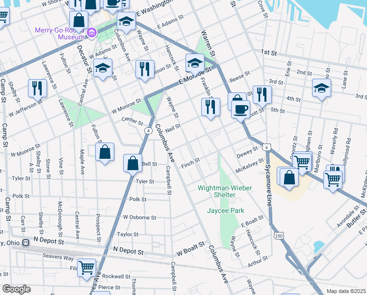 map of restaurants, bars, coffee shops, grocery stores, and more near 1103 Wayne Street in Sandusky
