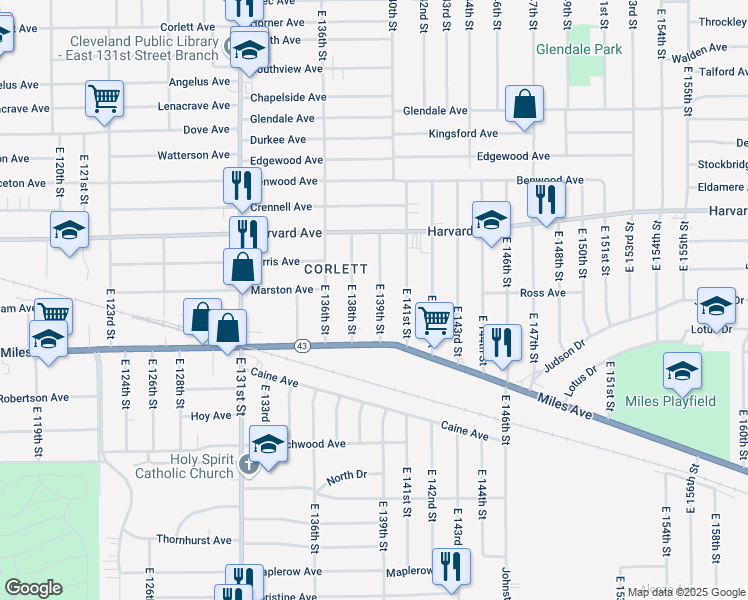 map of restaurants, bars, coffee shops, grocery stores, and more near 4141 East 139th Street in Cleveland