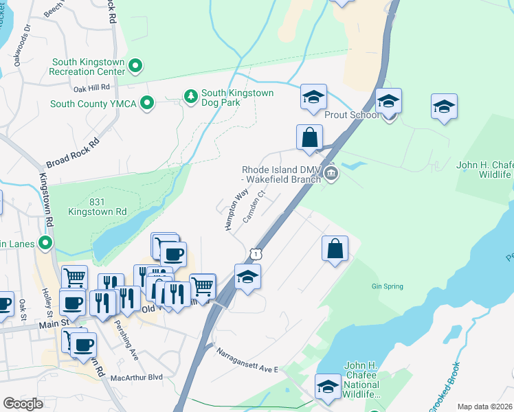 map of restaurants, bars, coffee shops, grocery stores, and more near 4943 Tower Hill Road in South Kingstown
