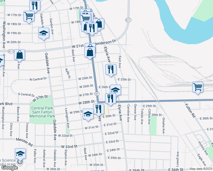 map of restaurants, bars, coffee shops, grocery stores, and more near 2614 Apple Avenue in Lorain