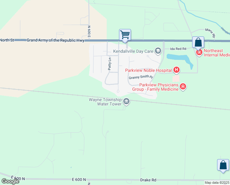 map of restaurants, bars, coffee shops, grocery stores, and more near 309 Meadow Lane in Kendallville