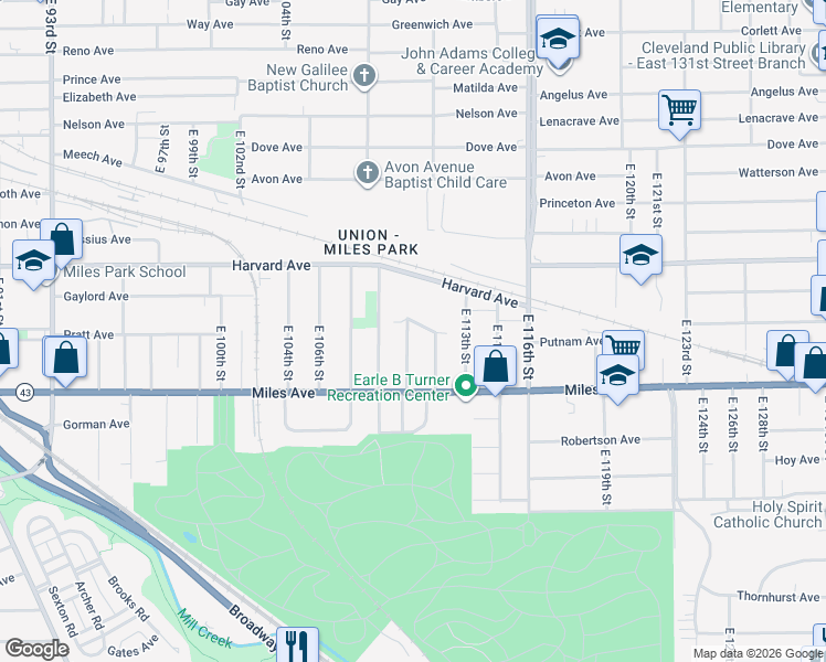 map of restaurants, bars, coffee shops, grocery stores, and more near 4137 East 111th Street in Cleveland