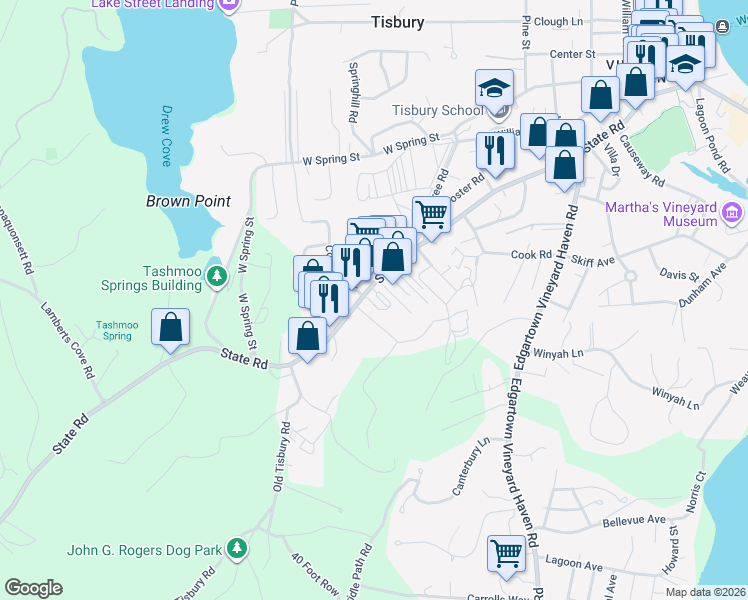 map of restaurants, bars, coffee shops, grocery stores, and more near 392 State Road in Tisbury