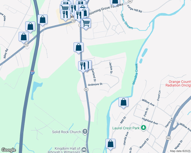 map of restaurants, bars, coffee shops, grocery stores, and more near 14 Garland Street in New Windsor