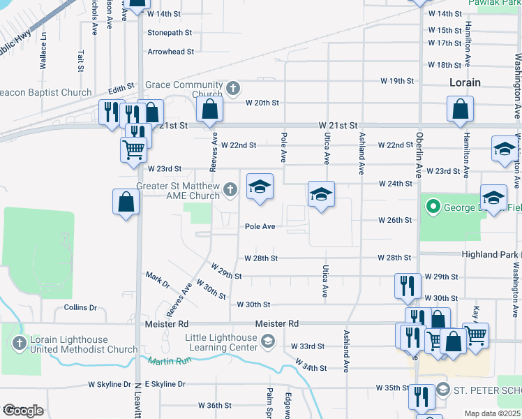 map of restaurants, bars, coffee shops, grocery stores, and more near 2515 Marshall Avenue in Lorain