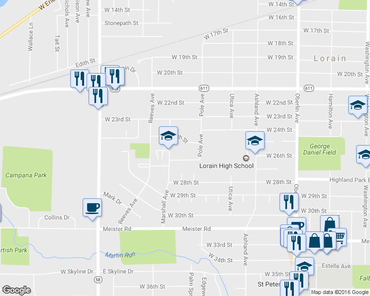 map of restaurants, bars, coffee shops, grocery stores, and more near 2515 Marshall Avenue in Lorain