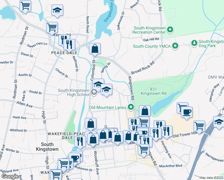 map of restaurants, bars, coffee shops, grocery stores, and more near 22 Brown Street in South Kingstown