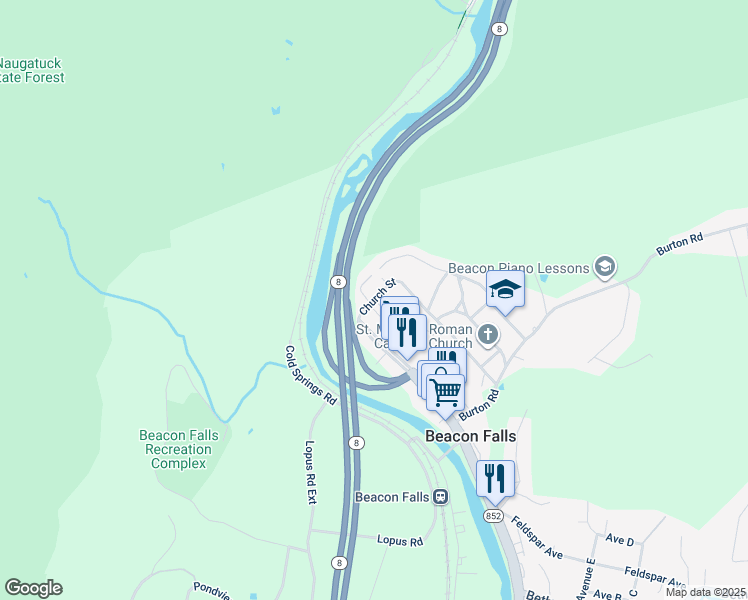 map of restaurants, bars, coffee shops, grocery stores, and more near 136 North Main Street in Beacon Falls