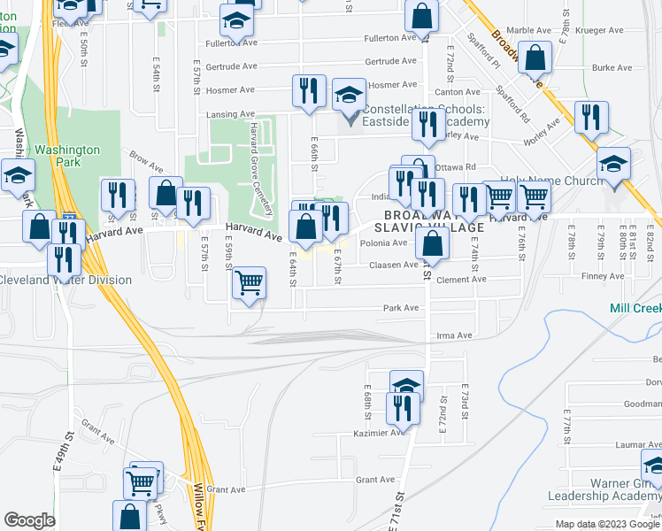 map of restaurants, bars, coffee shops, grocery stores, and more near 4098 East 67th Street in Cleveland