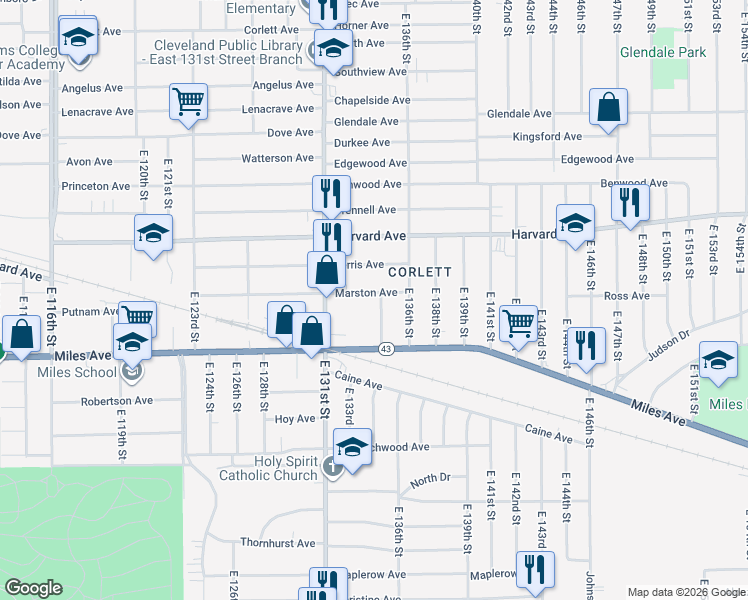 map of restaurants, bars, coffee shops, grocery stores, and more near 320TH East 135th Street in Cleveland