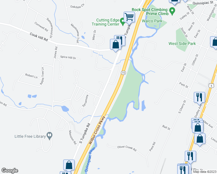 map of restaurants, bars, coffee shops, grocery stores, and more near Nadia Lane in Wallingford