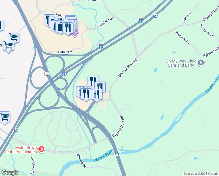 map of restaurants, bars, coffee shops, grocery stores, and more near 55 Crystal Run Road in Middletown