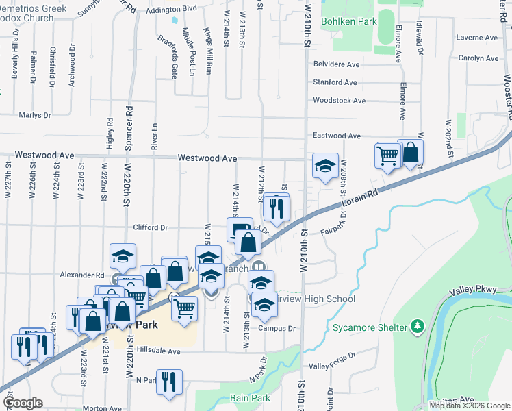 map of restaurants, bars, coffee shops, grocery stores, and more near 21280 Clifford Drive in Fairview Park