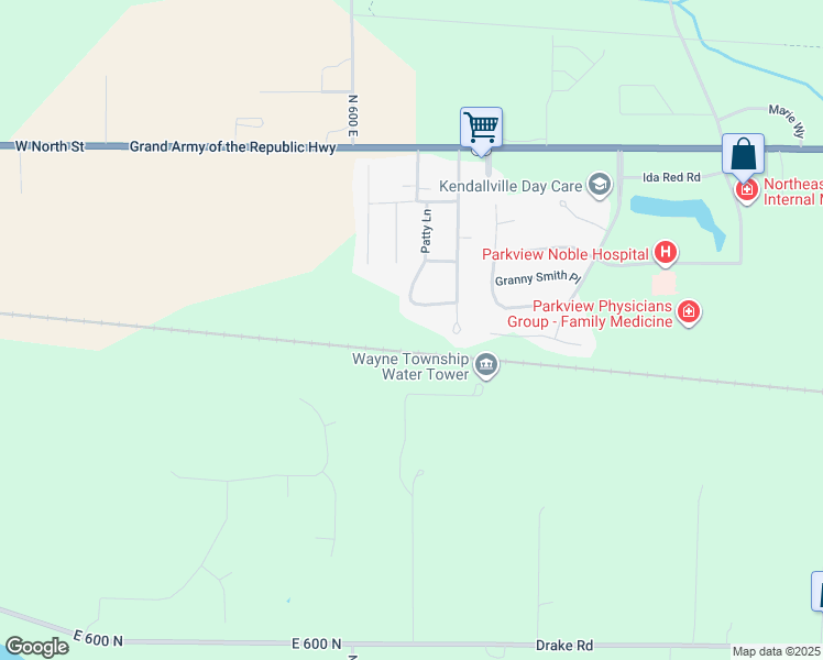 map of restaurants, bars, coffee shops, grocery stores, and more near 309 Meadow Lane in Kendallville