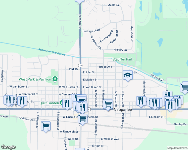 map of restaurants, bars, coffee shops, grocery stores, and more near 107 East Marion Street in Nappanee
