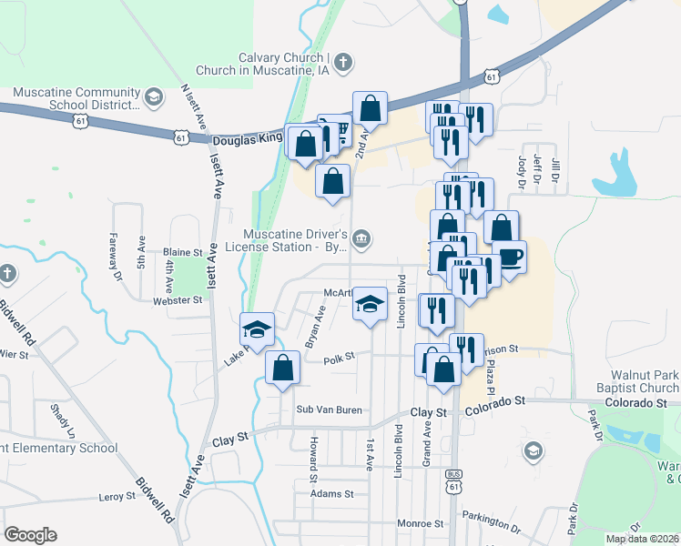 map of restaurants, bars, coffee shops, grocery stores, and more near 519 McArthur Street in Muscatine
