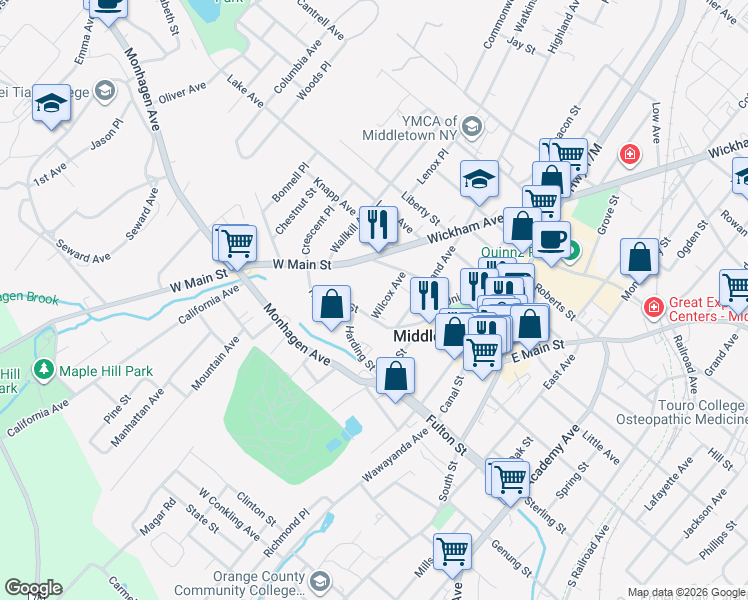 map of restaurants, bars, coffee shops, grocery stores, and more near 36 Hanford Street in Middletown