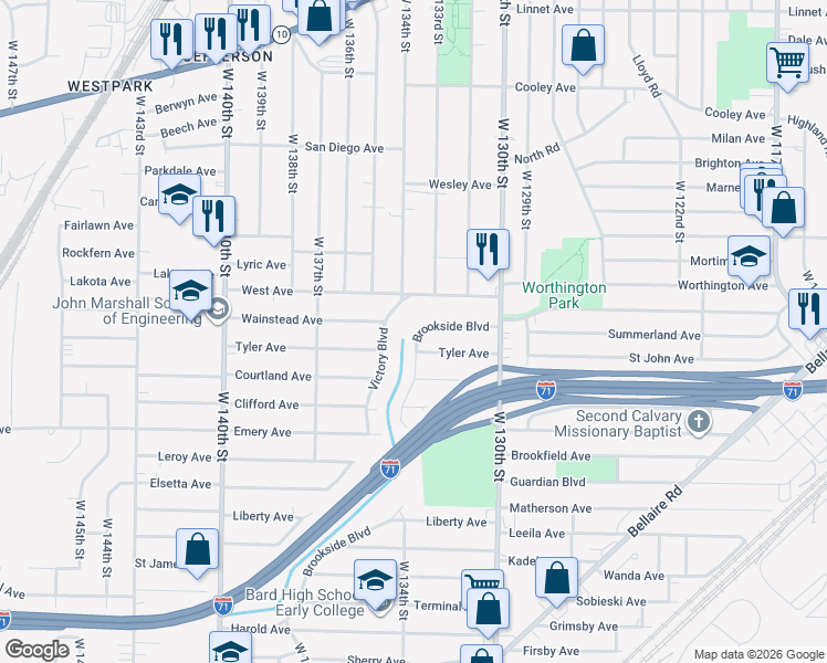 map of restaurants, bars, coffee shops, grocery stores, and more near 3934 Brookside Boulevard in Cleveland