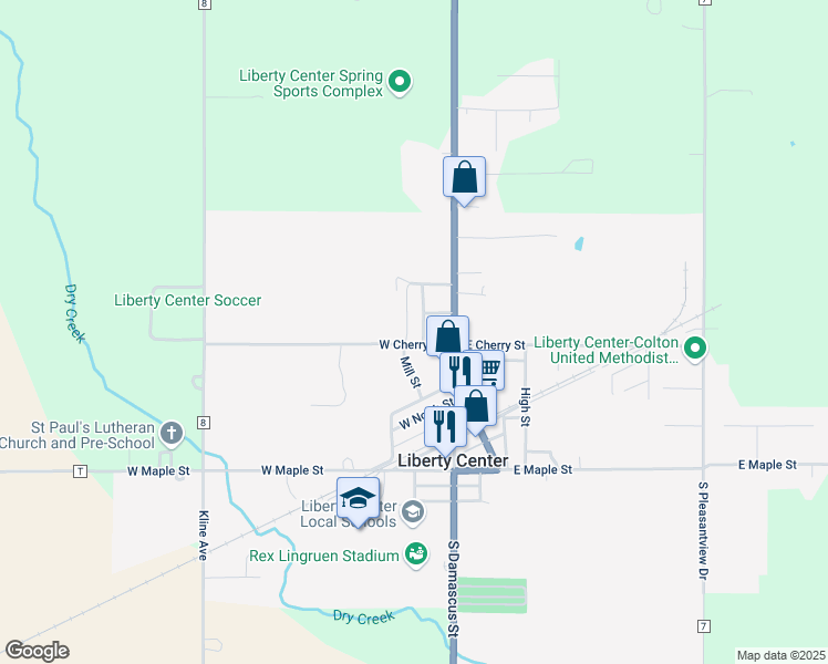 map of restaurants, bars, coffee shops, grocery stores, and more near 107 West Cherry Street in Liberty Center