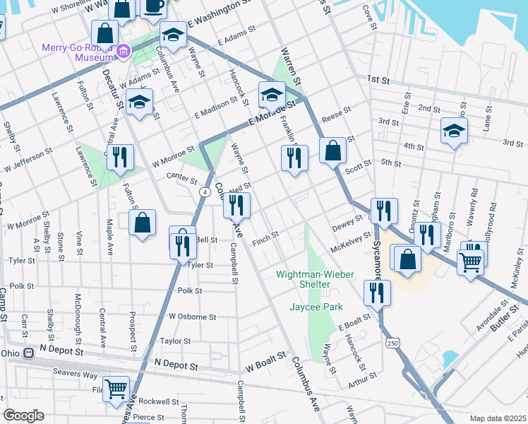 map of restaurants, bars, coffee shops, grocery stores, and more near 1103 Wayne Street in Sandusky