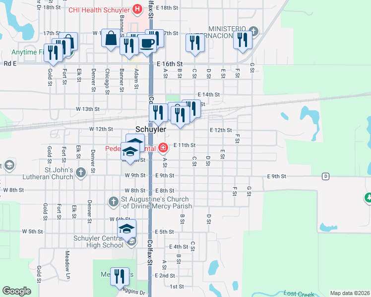 map of restaurants, bars, coffee shops, grocery stores, and more near 1001 C Street in Schuyler