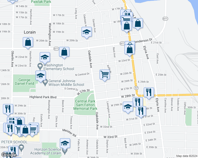 map of restaurants, bars, coffee shops, grocery stores, and more near 504 West 25th Street in Lorain