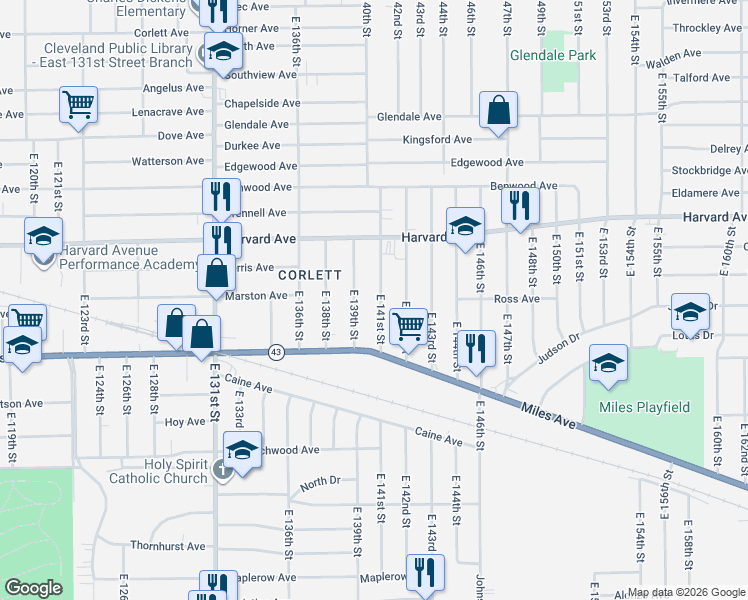 map of restaurants, bars, coffee shops, grocery stores, and more near 4141 East 139th Street in Cleveland