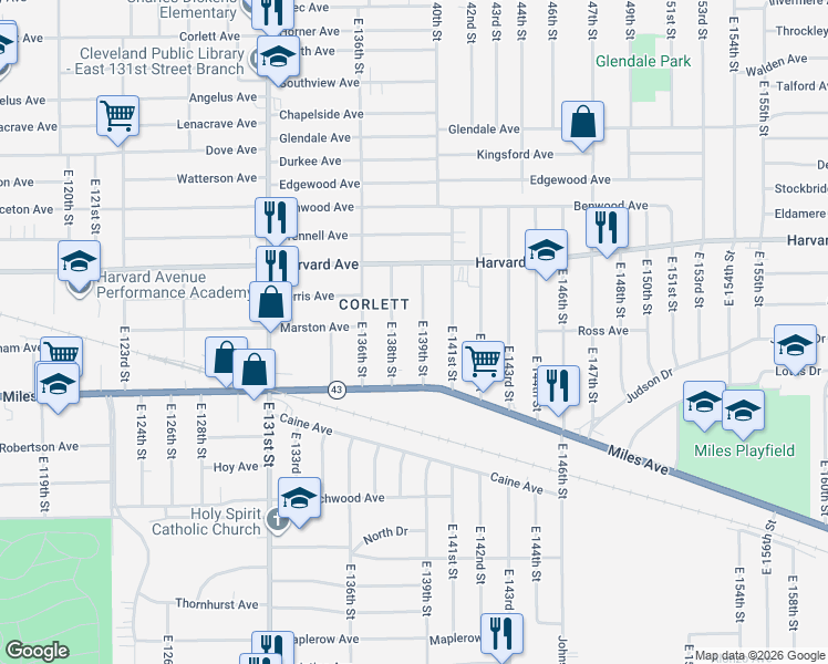 map of restaurants, bars, coffee shops, grocery stores, and more near 4141 East 139th Street in Cleveland