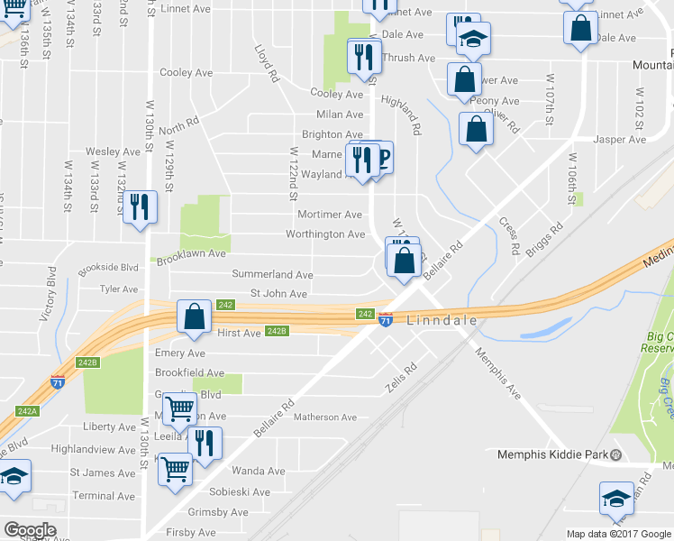 map of restaurants, bars, coffee shops, grocery stores, and more near 11912 Saint John Avenue in Cleveland